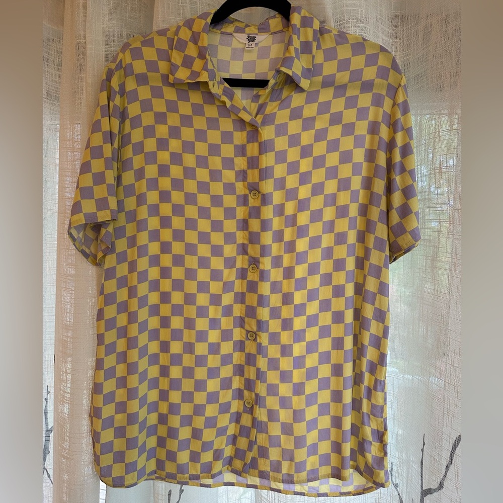 Ascot + Hart Size Medium Button Up Shirt Checkered Yellow And Purple